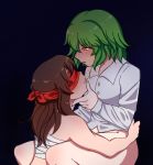  2girls bdsm black_background bondage bound brown_hair green_hair hakurei_reimu kazami_yuuka lanalopez92 medium_hair multiple_girls red_eyes shirt short_hair touhou white_shirt yuri 