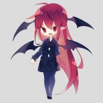  1girl bat_wings black_footwear black_legwear black_skirt black_vest chibi commentary_request fang full_body grey_background grey_shirt head_wings heart heart_in_eye highres koakuma long_hair long_sleeves neck_ribbon nikorashi-ka open_mouth pleated_skirt pointy_ears red_eyes red_neckwear redhead ribbon shirt simple_background skirt smile solo symbol_in_eye touhou very_long_hair vest wings 