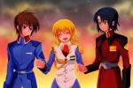  1girl 2boys athrun_zala blonde_hair blue_hair brown_hair cagalli_yula_athha green_eyes gundam gundam_seed holding_hands kira_yamato maccha_(jam513) military military_uniform multiple_boys smile uniform violet_eyes 