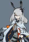  1girl animal_ears arknights chinese_commentary clear_ice facial_scar frostnova_(arknights) grey_background grey_eyes highres looking_at_viewer nose_scar rabbit_ears scar solo white_hair 