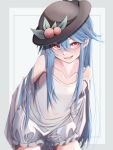  1girl bare_shoulders bloomers blue_hair fall_dommmmmer food frills fruit hat highres hinanawi_tenshi leaf long_hair looking_at_viewer open_mouth peach red_eyes shirt sleeveless sweatdrop taking_off touhou underwear white_shirt 
