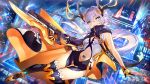  ainy77 aqua_eyes border_reign braid cape city gloves gun gunblade horns long_hair navel ponytail roga_(border_regin) thigh-highs weapon white_hair 