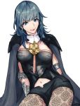  1girl armor black_shorts blue_eyes blue_hair byleth_(fire_emblem) byleth_eisner_(female) byleth_eisner_(female) cape closed_mouth cute female_my_unit_(fire_emblem:_three_houses) fire_emblem fire_emblem:_three_houses fire_emblem:_three_houses fire_emblem_16 hot_dog_fe intelligent_systems my_unit_(fire_emblem:_three_houses) navel_cutout nintendo pantyhose parted_lips short_shorts shorts simple_background smile solo white_background 