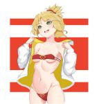  1girl artist_request bangs bare_shoulders bikini blonde_hair braid breasts collarbone fate/apocrypha fate_(series) french_braid green_eyes hair_ornament hair_scrunchie jacket long_hair long_sleeves looking_at_viewer mordred_(fate) mordred_(fate)_(all) navel open_clothes open_jacket open_mouth ponytail red_bikini red_scrunchie scrunchie sidelocks small_breasts smile solo swimsuit white_jacket 
