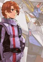  1boy blue_eyes bodysuit brown_hair closed_mouth cowboy_shot gundam gundam_hathaway&#039;s_flash hankuri helmet holding holding_helmet lane_aime male_focus mecha penelope_(hathaway&#039;s_flash) pilot_suit purple_bodysuit solo standing 