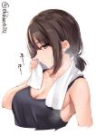  1girl bare_shoulders breasts brown_hair commentary_request drying ebifurya eyebrows_visible_through_hair eyes_visible_through_hair from_side hair_between_eyes highres looking_at_viewer medium_breasts original parted_lips short_hair short_ponytail simple_background steam sweat tank_top towel towel_around_neck twitter_username upper_body white_background yellow_eyes 
