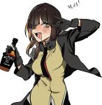  1girl artist_request black_gloves blush breasts cowboy_shot drunk eyepatch girls_frontline gloves highres jack_daniel&#039;s looking_at_viewer m16a1_(girls_frontline) tongue tongue_out white_background yellow_eyes 