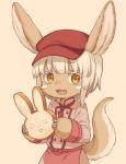  1other :3 androgynous animal_ears blush brown_eyes choke_(amamarin) eyebrows_visible_through_hair fang furry happy hat highres long_sleeves looking_at_viewer made_in_abyss nanachi_(made_in_abyss) open_mouth red_headwear short_hair smile solo tail whiskers white_hair 