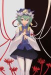  absurdres asymmetrical_hair black_skirt blouse bow enma_(mythology) flower green_eyes green_hair highres long_sleeves looking_at_viewer red_ribbon ribbon rod_of_remorse shiki_eiki skirt spider_lily thigh-highs touhou two-tone_background vest white_ribbon wide_sleeves yongzhe_mei_hong 
