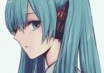  1girl aqua_eyes aqua_hair commentary expressionless from_side grey_shirt half-closed_eyes hatsune_miku headphones long_hair looking_at_viewer looking_to_the_side moa0291 parted_lips portrait shirt solo twintails vocaloid 