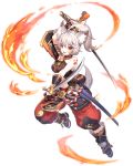  1girl animal_ear_fluff animal_ears boots dual_wielding fang fingerless_gloves fire full_body gloves high_ponytail holding holding_sword holding_weapon katana long_hair looking_at_viewer open_mouth orange_eyes sheath silver_hair solo sword tail transparent_background wakizashi weapon 