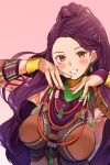  1girl armpits bracelet brown_eyes earrings facial_mark fire_emblem fire_emblem:_three_houses highres jewelry long_hair oroshipon_zu petra_macneary ponytail purple_hair simple_background solo upper_body 