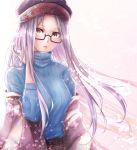  1girl absurdres azur_lane bangs black-framed_eyewear blue_sweater floating_hair hair_between_eyes hand_in_hair highres kuroneru long_hair long_sleeves looking_at_viewer parted_lips rectangular_eyewear ribbed_sweater semi-rimless_eyewear shangri-la_(azur_lane) silver_hair simple_background solo sweater turtleneck turtleneck_sweater under-rim_eyewear upper_body very_long_hair white_background yellow_eyes 