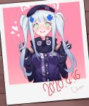  1girl alternate_costume beret breasts embarrassed girls_frontline green_eyes hat hk416_(girls_frontline) litsvn long_hair military_jacket outstretched_hand photo_(object) scar scar_across_eye silver_hair solo twintails upper_body wavy_mouth 