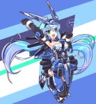  black_gloves blue_hair clenched_hands dated fang fang_out frame_arms_girl gloves green_eyes heirow highres looking_at_viewer mecha_musume mechanical_wings open_mouth robot_ears striped striped_background stylet thigh-highs thrusters wings 