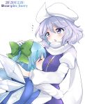  2girls artist_name bangs blouse blue_dress blue_eyes blue_hair blush bow cirno curvy dress eyebrows_visible_through_hair green_bow highres hug ice ice_wings lavender_hair letty_whiterock long_sleeves multiple_girls open_mouth ougi_hina ribbon scarf shirt short_hair simple_background touhou white_background white_blouse white_scarf white_shirt wings 