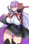  1girl anoshabu bangs bb_(fate)_(all) bb_(fate/extra_ccc) black_coat blush boots breasts coat fate/extra fate/extra_ccc fate_(series) gloves hair_ribbon high-waist_skirt highres large_breasts leotard long_hair long_sleeves looking_at_viewer neck_ribbon open_clothes open_coat open_mouth popped_collar purple_hair red_ribbon ribbon simple_background skirt smile solo thigh-highs thigh_boots thighs very_long_hair violet_eyes white_background white_gloves white_leotard 