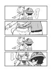  1boy 1girl alpaca_ears alpaca_girl alpaca_suri_(kemono_friends) alpaca_tail animal_ears blush bucket_hat captain_(kemono_friends_3) embarrassed eyebrows_visible_through_hair fur_collar fur_trim hair_over_one_eye hair_tubes hat hat_feather highres kemono_friends kemono_friends_3 kotobuki_(tiny_life) long_sleeves midriff_peek short_hair shorts sweatdrop tail uniform vest 