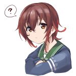  1girl ? blue_jacket brown_hair character_name commentary_request gradient_hair green_sailor_collar highres hood hooded_jacket hoodie jacket kantai_collection looking_at_viewer minosu multicolored_hair mutsuki_(kantai_collection) redhead remodel_(kantai_collection) sailor_collar school_uniform serafuku short_hair simple_background solo spoken_question_mark upper_body white_background 