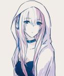  1girl beige_background black_dress blue_eyes collar commentary_request dress empty_eyes expressionless head_tilt headphones hood hooded_jacket jacket long_hair looking_at_viewer megurine_luka moa0291 pink_hair solo tsurime upper_body vocaloid white_jacket 