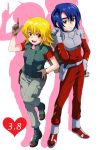  1boy 1girl athrun_zala blonde_hair blue_hair cagalli_yula_athha full_body gloves green_eyes gundam gundam_seed looking_at_viewer maccha_(jam513) pilot_suit smile standing standing_on_one_leg yellow_eyes 