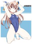  1girl :o alternate_costume anchor_print armpits arms_behind_head arms_up ass bangs bare_arms bare_legs bare_shoulders barefoot blue_swimsuit blush breasts brown_eyes character_name commentary_request competition_swimsuit covered_navel eyebrows_visible_through_hair groin hair_ribbon headgear highleg highleg_swimsuit johnston_(kantai_collection) kantai_collection light_brown_hair long_hair looking_at_viewer medium_breasts navel one-piece_swimsuit open_mouth ribbon simple_background solo souji spread_legs swimsuit two-tone_background two_side_up white_background 