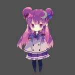  1girl alternate_costume black_legwear blue_bow bow brown_footwear chibi commentary_request crescent crescent_hair_ornament double_bun full_body grey_background hair_bow hair_ornament highres long_hair looking_at_viewer nikorashi-ka patchouli_knowledge pleated_skirt purple_hair purple_neckwear purple_skirt red_bow sailor_collar simple_background skirt solo touhou violet_eyes 