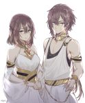  1boy 1girl adele_(fate) belt bracelet brown_hair csyko detached_sleeves earrings fate/grand_order fate_(series) green_eyes hand_on_hip hands_together jewelry makarios_(fate) older pendant siblings tunic twins 