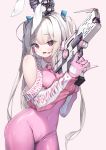  1girl :d animal_ears bare_shoulders blush bodysuit breasts brown_background covered_navel detached_sleeves english_text finger_on_trigger gloves grey_hair gun hair_intakes hands_up headgear headset heart heart-shaped_pupils highres holding holding_gun holding_weapon lee_seok_ho long_hair long_sleeves looking_at_viewer open_mouth original pink_bodysuit pink_gloves puffy_long_sleeves puffy_sleeves rabbit_ears red_eyes sash simple_background small_breasts smile solo symbol-shaped_pupils two-handed two_side_up upper_teeth very_long_hair weapon zipper 