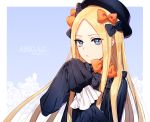  1girl abigail_williams_(fate/grand_order) bangs black_bow black_headwear blonde_hair blue_background blue_eyes bow character_name closed_mouth ede fate/grand_order fate_(series) hair_bow hat highres long_hair multiple_hair_bows orange_bow parted_bangs polka_dot polka_dot_bow shiny shiny_hair sleeves_past_fingers sleeves_past_wrists solo straight_hair twitter_username upper_body very_long_hair 