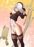  1girl black_footwear black_gloves black_hairband black_legwear blue_eyes boots breasts drone feather-trimmed_sleeves floating_swords gloves hairband highleg highleg_leotard highres hip_focus huge_weapon leotard nier_(series) nier_automata no_blindfold petite pod_(nier_automata) shrug_(clothing) silver_hair skin_tight small_breasts smile solo_focus sword thigh-highs thigh_boots thighhighs_under_boots thighs tomoyuki_kotani virtuous_contract virtuous_treaty weapon white_leotard yorha_no._2_type_b 