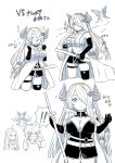  1boy 2girls breasts draph embarrassed gran_(granblue_fantasy) granblue_fantasy highres horns ke_nekono large_breasts lyria_(granblue_fantasy) monochrome multiple_girls narmaya_(granblue_fantasy) pointy_ears vee_(granblue_fantasy) wardrobe_malfunction 