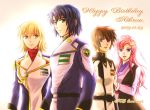  2boys 2girls athrun_zala birthday cagalli_yula_athha character_name dress gundam gundam_seed gundam_seed_destiny happy_birthday kira_yamato lacus_clyne military military_uniform multiple_boys multiple_girls parubinko smile uniform 