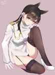 1girl animal_ears arm_support artist_name atago_(azur_lane) azur_lane bangs black_hair black_legwear breasts brown_background commentary_request dated extra_ears garter_straps head_tilt highres large_breasts lips long_hair looking_at_viewer military military_uniform miniskirt mole mole_under_eye pink_lips ribbon shiromonefu simple_background sitting skirt solo swept_bangs thigh-highs uniform white_ribbon 