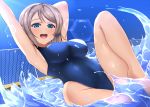  1girl blue_eyes blue_swimsuit blush breasts butter_curry competition_swimsuit day highleg highleg_swimsuit highres large_breasts lens_flare light_brown_hair looking_at_viewer love_live! love_live!_school_idol_project love_live!_sunshine!! one-piece_swimsuit pool poolside shiny shiny_hair shiny_skin short_hair solo splashing swimsuit thighs watanabe_you water 