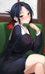  1girl bangs black_shirt black_skirt blush breasts closed_mouth commentary_request couch crossed_legs folded_ponytail frown hair_ribbon highres indoors kaguya-sama_wa_kokurasetai_~tensai-tachi_no_renai_zunousen~ long_sleeves looking_at_viewer medium_breasts on_couch parted_bangs red_eyes red_ribbon ribbon school_uniform shinomiya_kaguya shirt short_hair sidelocks sitting skirt solo sweat wavy_mouth xretakex 