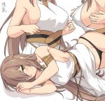  1girl bare_shoulders black_panties blush breasts brown_hair closed_mouth collarbone covered_nipples dress fate/grand_order fate_(series) green_eyes hair_between_eyes large_breasts long_hair looking_at_viewer lying multiple_views no_bra on_side panties shiseki_hirame sideboob simple_background underwear white_background white_dress 