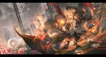  1girl arknights black_dress blonde_hair book chinese_commentary commentary_request dress fire highres horns ifrit_(arknights) kneeling letterboxed low_twintails luciana1 orange_eyes ore_lesion_(arknights) pencil_dress rhine_lab_logo short_dress short_hair short_sleeves smile solo striped thighs twintails vertical-striped_dress vertical_stripes 