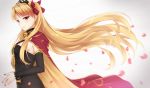  1girl bangs black_dress black_nails black_sleeves blonde_hair blurry_foreground bow cape detached_sleeves diadem dress earrings ereshkigal_(fate/grand_order) fate/grand_order fate_(series) floating_hair from_side hair_bow highres jewelry long_hair long_sleeves nail_polish petals print_cape red_bow red_cape red_eyes rko_(a470350510) shiny shiny_hair sleeveless sleeveless_dress solo standing striped striped_dress twintails very_long_hair white_background 