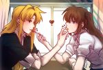  2girls artist_request blazer blonde_hair blush brown_hair candy classroom collared_shirt eye_contact fate_testarossa food heart highres jacket lollipop long_hair looking_at_another lyrical_nanoha mahou_shoujo_lyrical_nanoha mahou_shoujo_lyrical_nanoha_a&#039;s multiple_girls red_eyes school_uniform shirt side_ponytail sitting table takamachi_nanoha uniform very_long_hair violet_eyes window yuri 