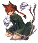  1girl ahoge animal_ears bangs black_bow black_ribbon blush bow braid cat_ears cat_tail dress extra_ears eyebrows_visible_through_hair fangs frilled_dress frilled_sleeves frills full_body green_dress hair_bow highres hitodama juliet_sleeves kaenbyou_rin long_hair long_sleeves looking_at_viewer multiple_tails nekomata puffy_sleeves red_eyes redhead ribbon simple_background skull tail touhou twin_braids two_tails white_background yanyan_(shinken_gomi) 