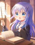  1girl alternate_costume artist_name blue_eyes blue_hair blue_neckwear blush book collared_shirt desk eyebrows_visible_through_hair feathers gochuumon_wa_usagi_desu_ka? hair_ornament highres holding holding_wand kafuu_chino long_hair looking_away mozukun43 multicolored_neckwear necktie open_book open_mouth shirt solo striped striped_neckwear twitter_username upper_body wand white_neckwear white_shirt x_hair_ornament 