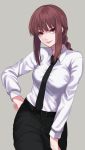  1girl bangs black_neckwear black_pants braid breasts brown_hair chainsaw_man commentary_request formal grey_background large_breasts long_hair looking_at_viewer makima_(chainsaw_man) necktie pants re_(re_09) shirt simple_background smile solo white_shirt 