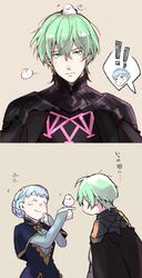  1boy 1girl bangs blue_hair blush braid byleth_(fire_emblem) byleth_eisner_(male) closed_eyes closed_mouth cropped_torso crown_braid expressionless fire_emblem fire_emblem:_three_houses green_eyes green_hair highres long_sleeves marianne_von_edmund shina723 simple_background smile upper_body 