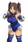  1girl alice_gear_aegis blue_legwear blue_leotard breasts brown_hair cosplay dark_skin dead_or_alive frilled_legwear frilled_leotard frills green_eyes highres kaneshiya_sitara large_breasts leotard long_hair looking_at_viewer marie_rose marie_rose_(cosplay) open_mouth pointing pointing_at_viewer simple_background smile solo thigh-highs twintails white_background yukitaka 