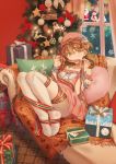  1girl bare_shoulders bell box brown_eyes brown_hair capelet character_request christmas christmas_tree couch feet full_body gift gift_box girl_cafe_gun hat hei_yan-m82a1 highres merry_christmas no_shoes red_capelet ribbon santa_costume santa_hat short_hair solo thigh-highs toes white_legwear 