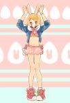  1girl animal_ears arms_up bangs blonde_hair blue_eyes blue_jacket bracelet commentary easter_egg egg frilled_shorts frills full_body hair_ornament hairclip highres jacket jewelry kagamine_rin large_shoes looking_at_viewer neck_ribbon rabbit_ears remokurin ribbon shoes short_hair short_shorts shorts sneakers solo standing strapless striped striped_background striped_ribbon swept_bangs translucent tubetop vocaloid 