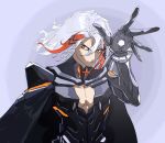  1boy arm_up bare_chest black_cape cape closed_mouth fate_(series) hair_between_eyes hatching_(texture) highres male_focus multicolored_hair odysseus_(fate/grand_order) orange_eyes pauldrons redhead solo syaber_syaber upper_body white_hair 
