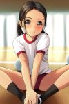  1girl absurdres backlighting ball bangs black_hair black_legwear blurry blurry_background blush brown_eyes buruma closed_mouth commentary_request day depth_of_field forehead gym_shirt gym_uniform hands_on_feet highres indoors long_hair matsunaga_kouyou nose_blush on_floor original parted_bangs red_buruma reflection shirt shoes short_sleeves sitting smile socks solo sunlight twintails uwabaki white_footwear white_shirt wooden_floor 