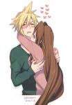  1boy 1girl 2016 aerith_gainsborough blonde_hair blush brown_hair closed_eyes cloud_strife couple cropped_torso dated final_fantasy final_fantasy_vii green_sweater heart hetero hug krudears long_hair long_sleeves open_mouth pink_sweater shiny shiny_hair spiky_hair straight_hair sweatdrop sweater twitter_username upper_body very_long_hair wavy_mouth white_background 